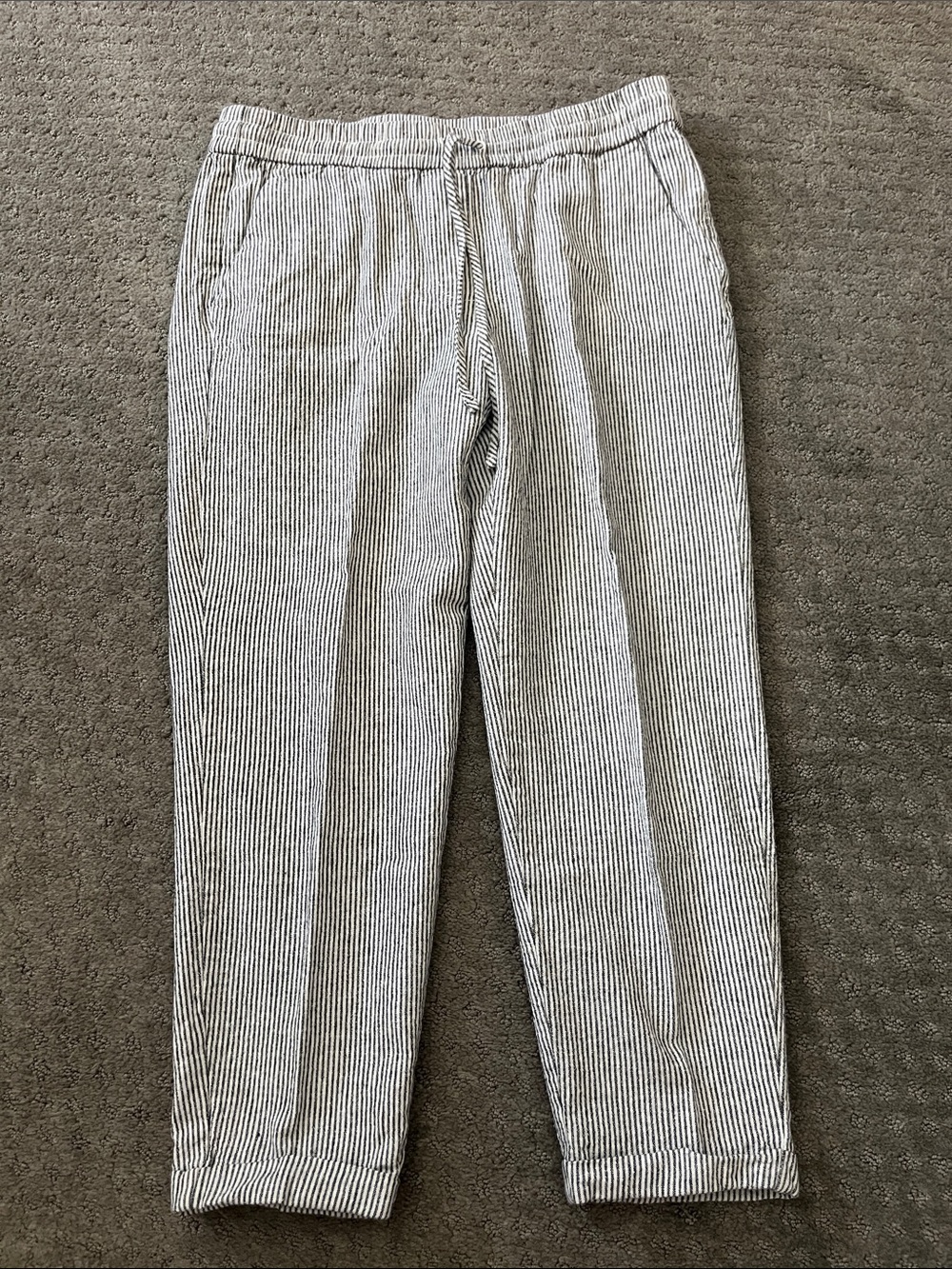 J.CREW Women’s Black/White Striped Linen Cotton Pants Elastic Waist Pockets